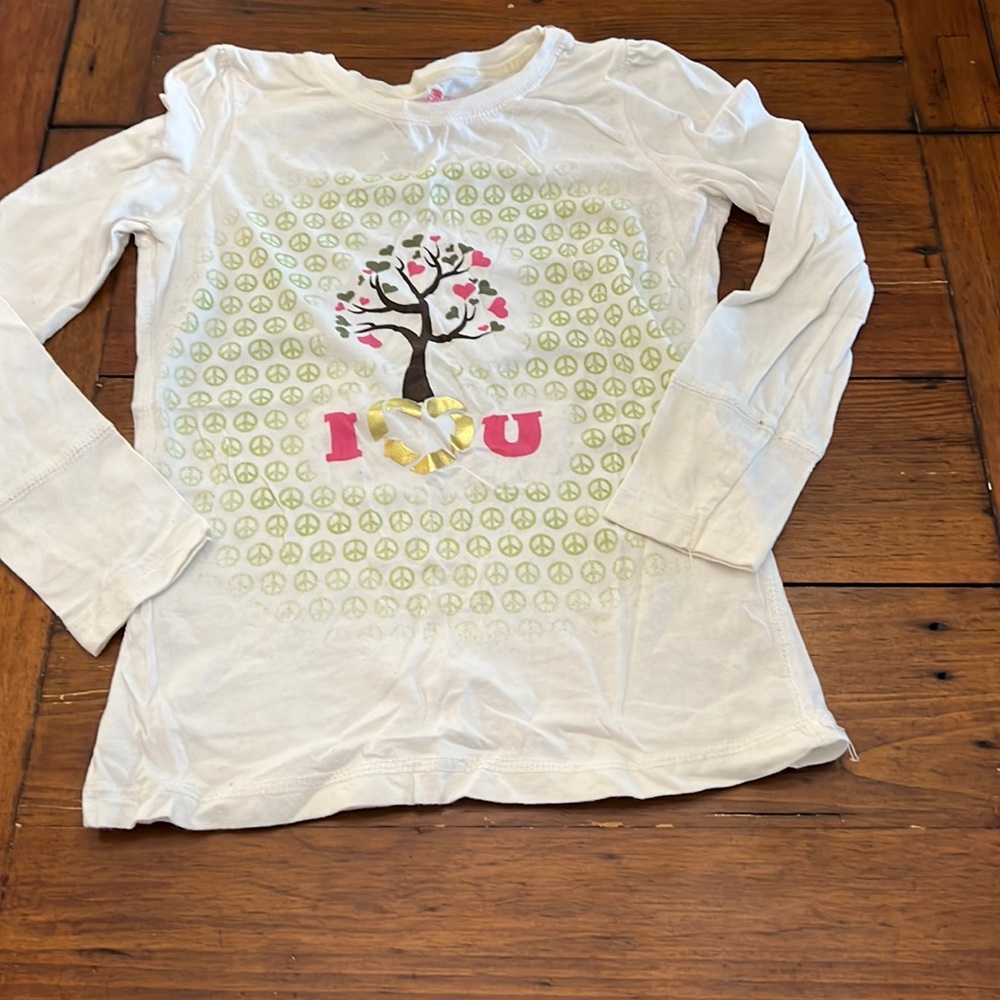 I Love You Greendog Girls Long Sleeve Tee Shirt with Peace Signs and Tree